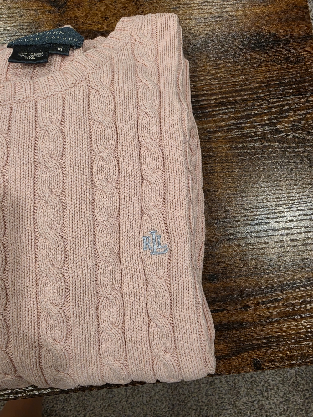 Lauren Ralph Lauren Women's Light Pink Cable-Knit Crewneck Sweater Size-M - Picture 4 of 9